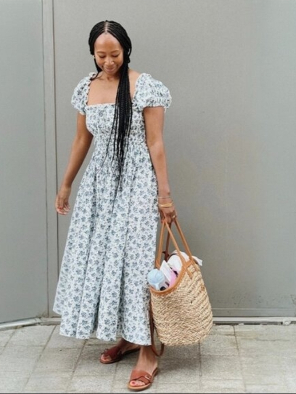 Doen Blue Floral Stanza Puff Sleeve Cotton Midi Dress - Picture 7 of 14